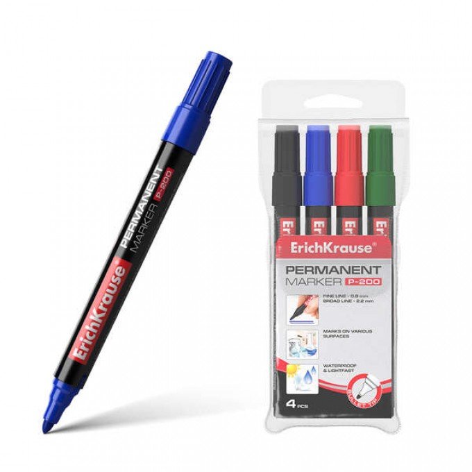 Confezione da 4 pennarelli permanenti P-200 - Punta a proiettile - Resistente ai danni e all'abrasione - Larghezza di scrittura da 0,8 a 2,2 mm - Nero blu verde rosso