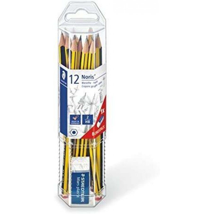 Staedtler Noris 120 Confezione da 12 matite di grafite esagonali + gomma - Mina ultra forte da 2 mm HB - Legno proveniente da foreste sostenibili