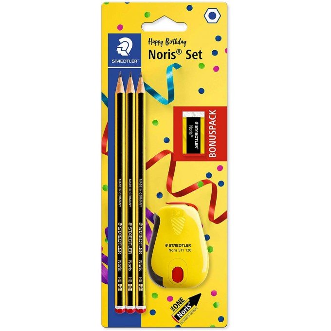 Confezione da 3 matite di grafite esagonali + gomma + temperamatite - mina ultra forte da 2 mm HB Staedtler Noris 120 