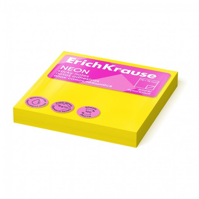 Post it - Sticky notes ErichKrause 75х75 mm, 100 fogli, Giallo Fluo