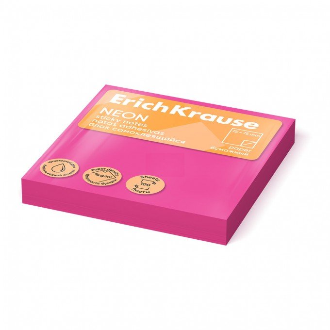 Post it - Sticky notes ErichKrause 75х75 mm, 100 fogli, Rosa Fluo