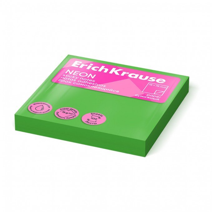 Post it - Sticky notes ErichKrause 75х75 mm, 100 fogli, Verde Fluo