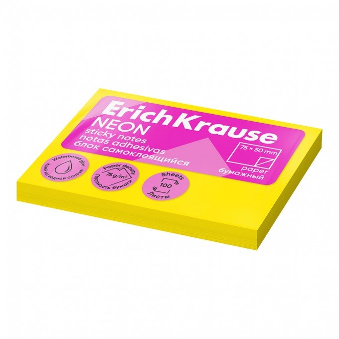 Post-it per Appunti ErichKrause 50х75 mm, 100 fogli, Giallo Fluo