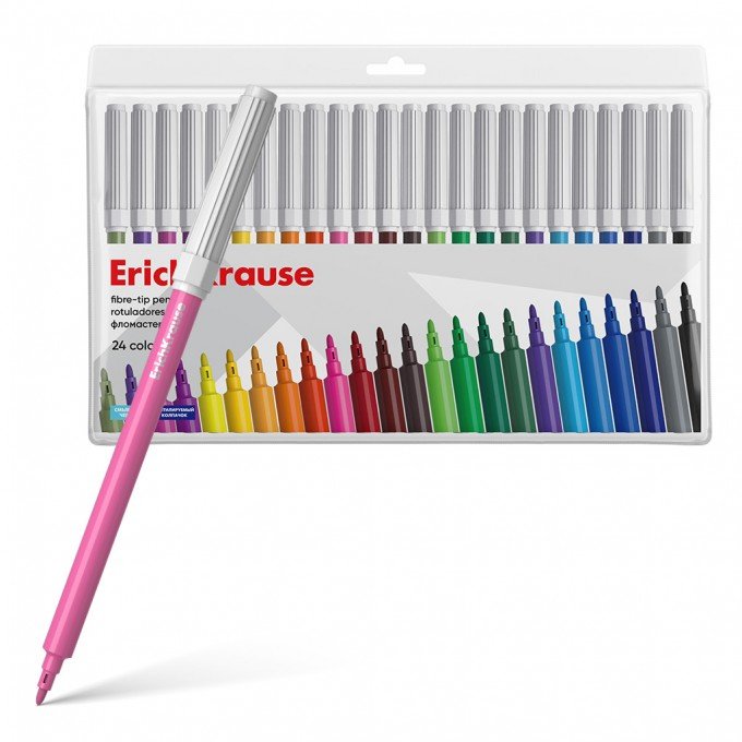 Pennarelli a Punta Fine ErichKrause – Set da 24 Colori – Astuccio in PVC con Gancio