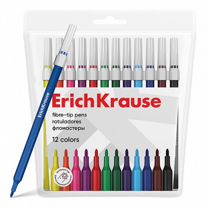 Pennarelli a Punta Fine ErichKrause – Set da 12 Colori – Astuccio in PVC con Gancio
