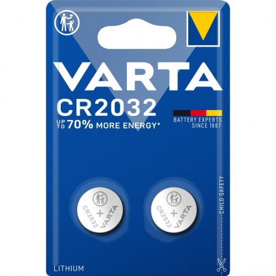 Batteria VARTA CR2032, confezione 2 pile in Litio a Bottone, Piatta, Specialistica, 3 Volts, Diametro 20mm, Altezza 1,6mm