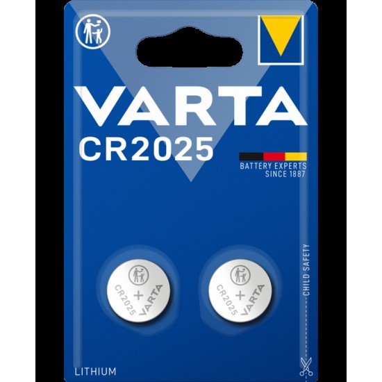 Batteria VARTA CR2025, confezione 2 pile in Litio a Bottone, Piatta, Specialistica, 3 Volts, Diametro 20mm, Altezza 1,6mm