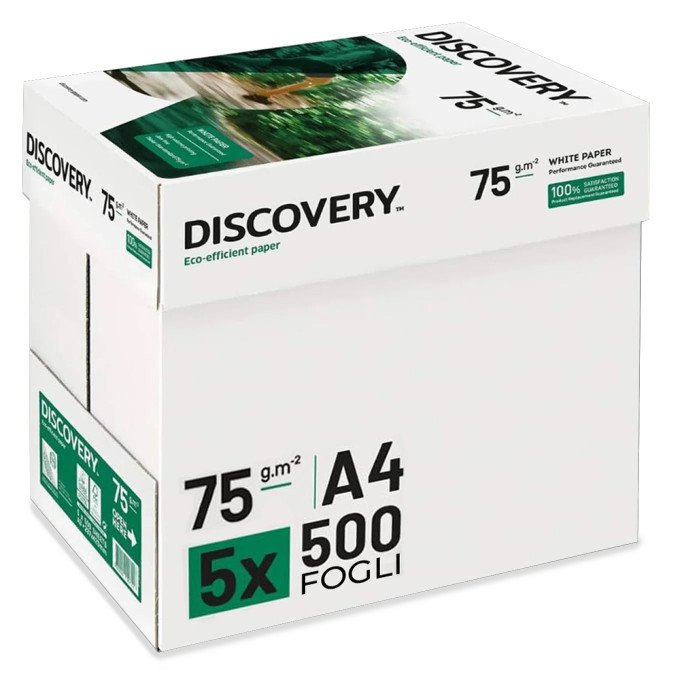 Carta A4 75 gr  Discovery Navigator - 5 Risme Per Stampante, Ufficio, Fotocopie, Multiuso - Bianca