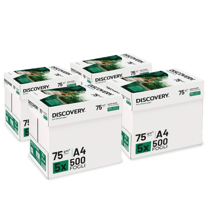 Carta A4 75 gr Discovery Navigator - 20 Risme Per Stampante, Ufficio, Fotocopie, Multiuso - Bianca