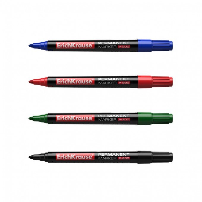 Confezione da 4 pennarelli permanenti P-200 - Punta a proiettile - Resistente ai danni e all'abrasione - Larghezza di scrittura da 0,8 a 2,2 mm - Nero blu verde rosso