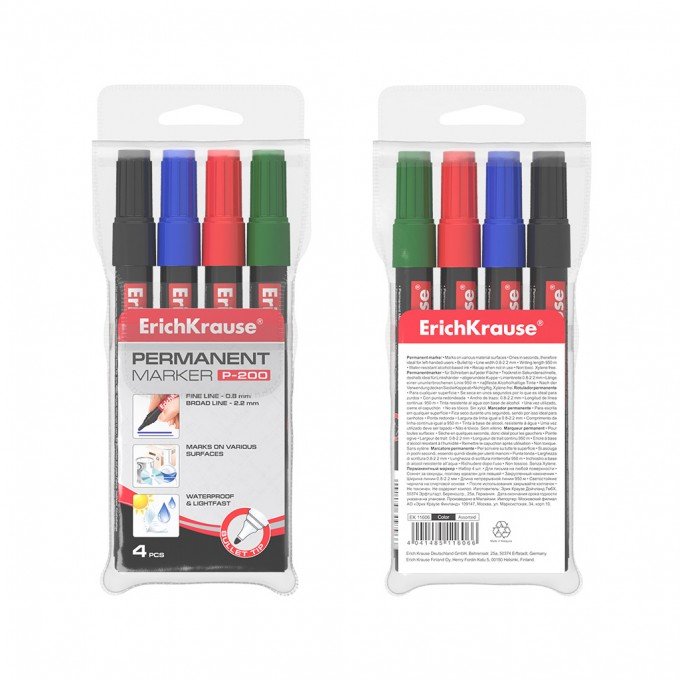 Confezione da 4 pennarelli permanenti P-200 - Punta a proiettile - Resistente ai danni e all'abrasione - Larghezza di scrittura da 0,8 a 2,2 mm - Nero blu verde rosso