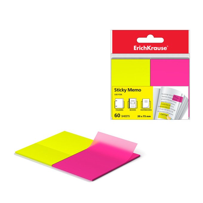 Segnapagina ErichKrause Neon, 50x75 mm, 60 fogli, 2 colori: giallo, rosa