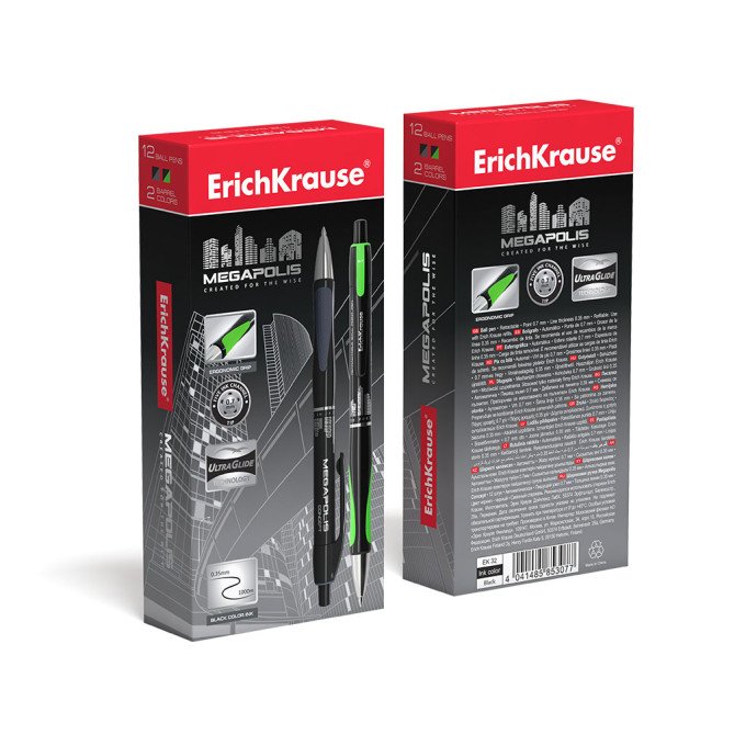Penna a sfera a scatto ErichKrause MEGAPOLIS® Matic&Grip 0.7, tecnologia Super Glide, colore inchiostro: nero (confezione da 12 pezzi)