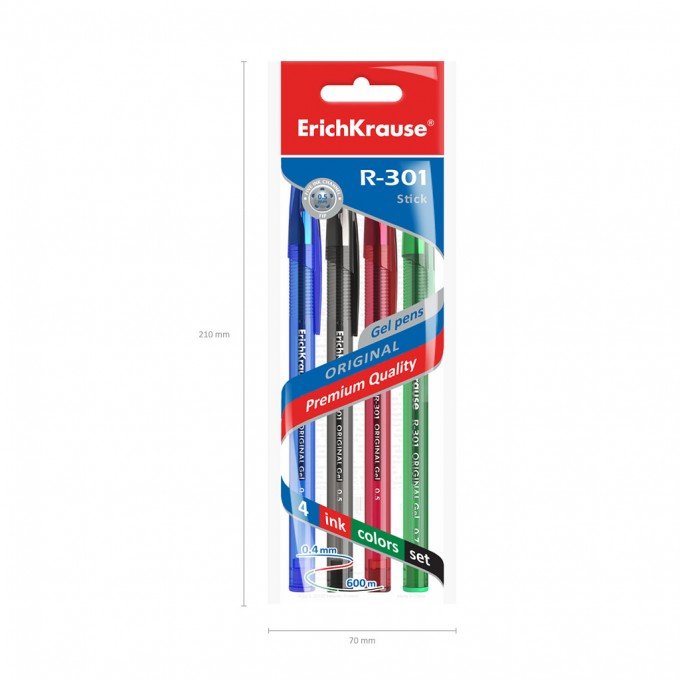 Set di 4 penne a inchiostro gel ErichKrause R-301 Gel Stick Original 0,5, colore inchiostro: blu, nero, rosso, verde (in busta)