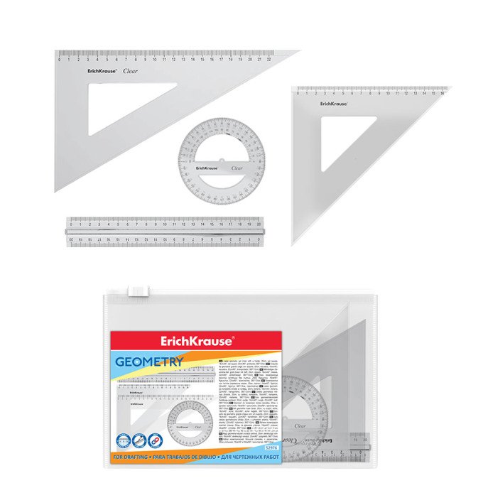 Set di geometria di grandi dimensioni in plastica ErichKrause Clear (righello con supporto, 2 squadre, goniometro), trasparente, in tasca con cerniera