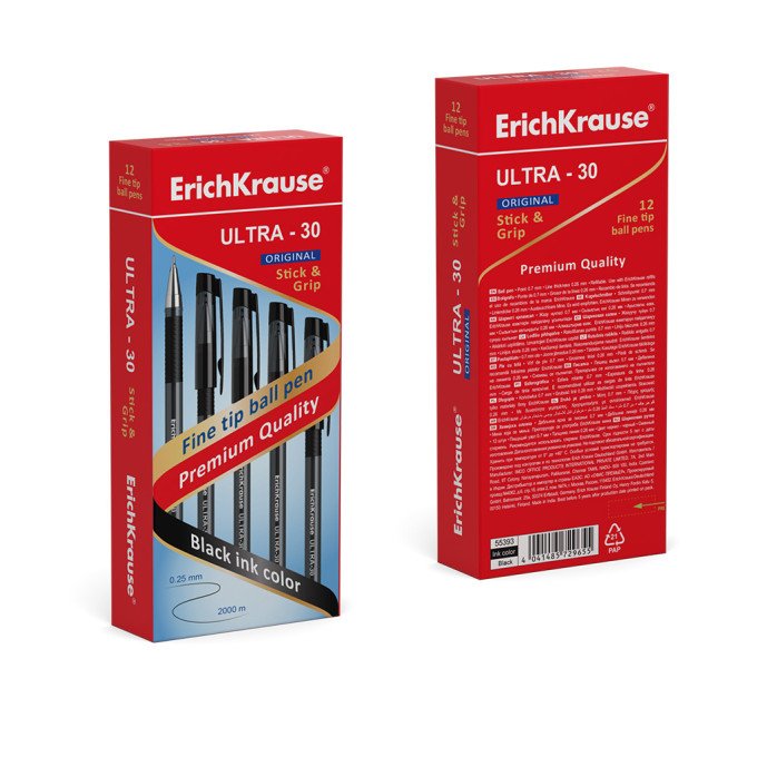 Penna a sfera ErichKrause ULTRA-30 Stick&Grip Original 0.7, tecnologia Super Glide, colore inchiostro: nero (confezione da 12 pezzi)
