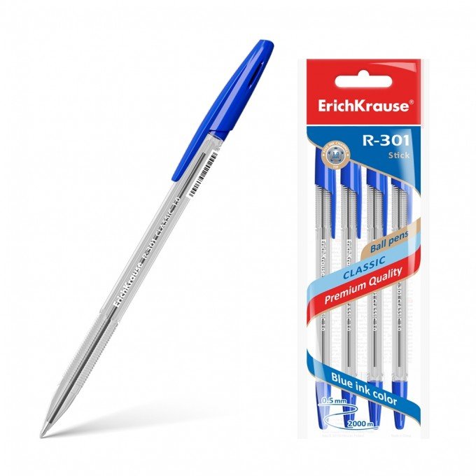 Set di 4 penne a sfera ErichKrause R-301 Stick Classic 1.0, colore inchiostro: blu (in sacchetto)