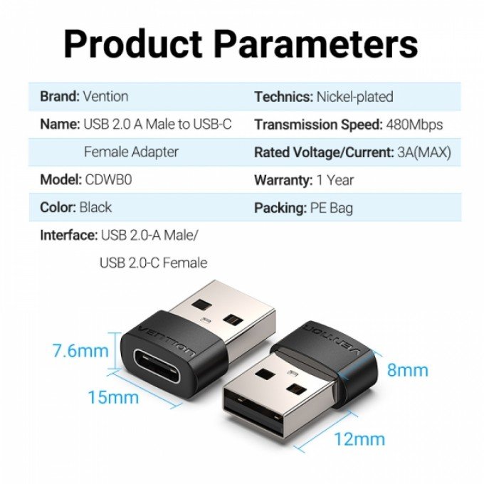 Adattatore USB 2.0 USB-C maschio a USB femmina di Vention - Nero