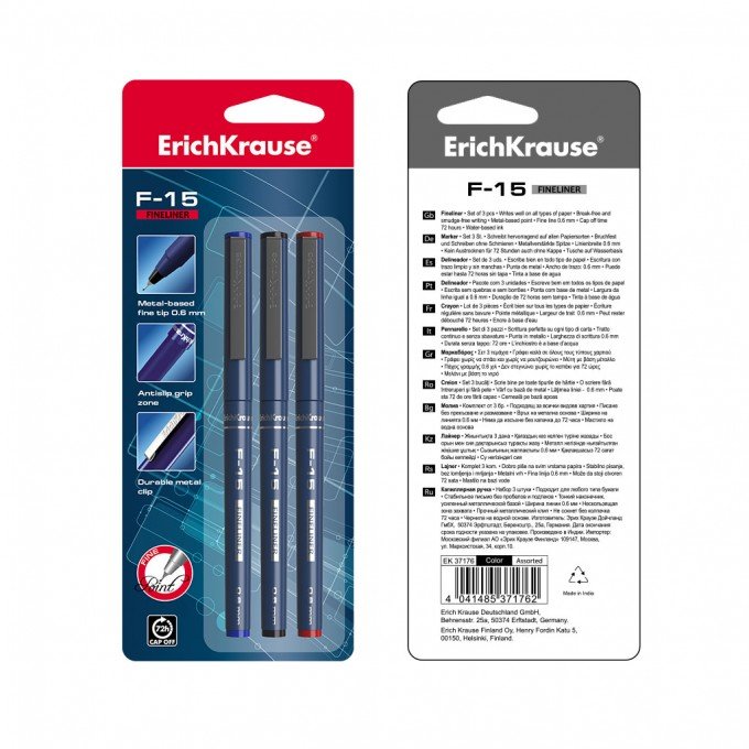 Fineliner ErichKrause F-15 Stick Classic, colore inchiostro: blu, nero, rosso (blister 3 pz.)