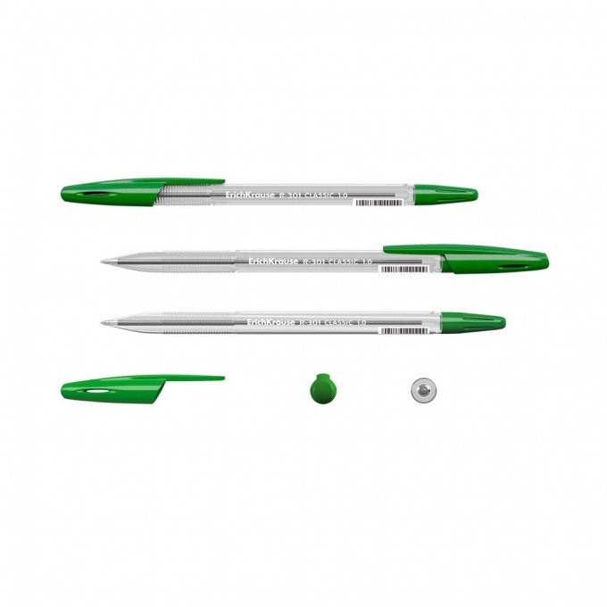 50 Penne a sfera Erichkrause R-301 Classic Stick 1.0 - Corpo esagonale trasparente - Punta da 1,0 mm - Inchiostro ad asciugatura rapida - Colore Verde