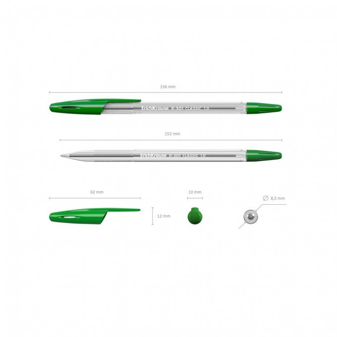 50 Penne a sfera Erichkrause R-301 Classic Stick 1.0 - Corpo esagonale trasparente - Punta da 1,0 mm - Inchiostro ad asciugatura rapida - Colore Verde