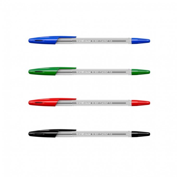 Set di 4 penne a sfera ErichKrause R-301 Stick Classic 1.0 colore inchiostro: blu, nero, rosso, verde (in busta)