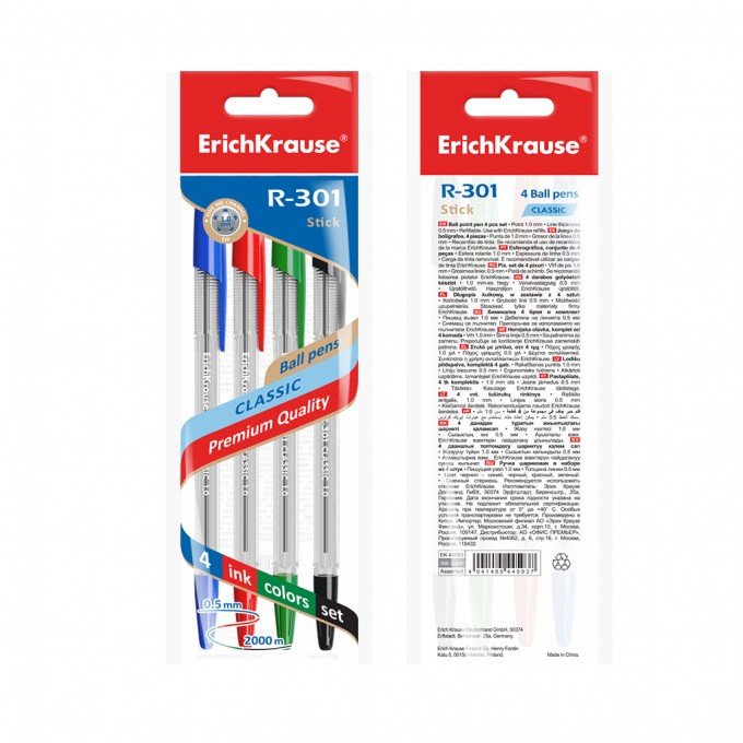 Set di 4 penne a sfera ErichKrause R-301 Stick Classic 1.0 colore inchiostro: blu, nero, rosso, verde (in busta)