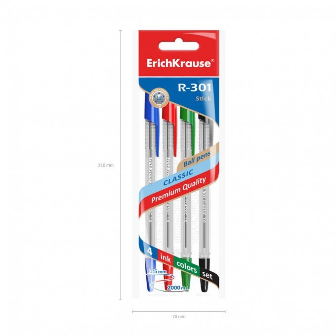 Set di 4 penne a sfera ErichKrause R-301 Stick Classic 1.0 colore inchiostro: blu, nero, rosso, verde (in busta)