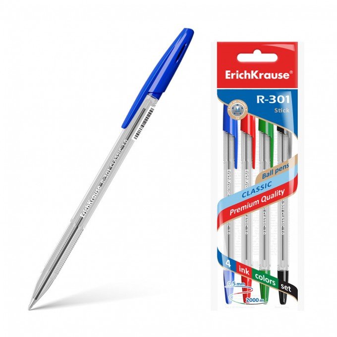 Set di 4 penne a sfera ErichKrause R-301 Stick Classic 1.0 colore inchiostro: blu, nero, rosso, verde (in busta)