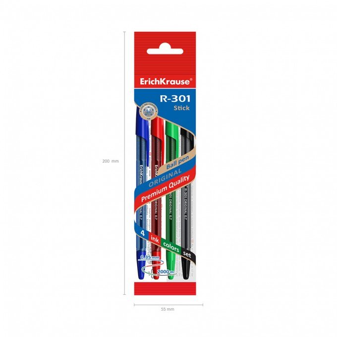 Set di 4 penne a sfera ErichKrause R-301 Stick Original 1.0, colore inchiostro: blu, nero, rosso, verde (in busta)