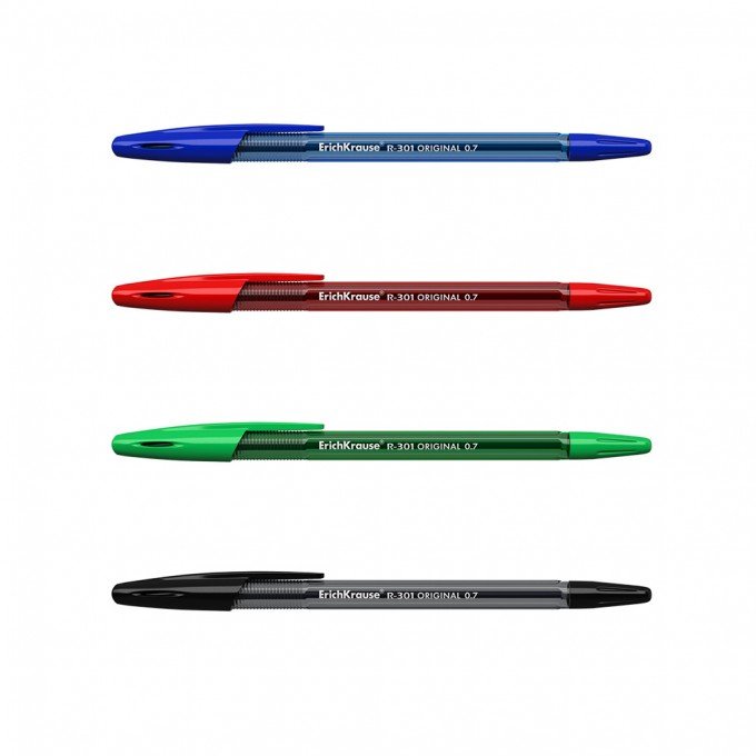 Set di 4 penne a sfera ErichKrause R-301 Stick Original 1.0, colore inchiostro: blu, nero, rosso, verde (in busta)