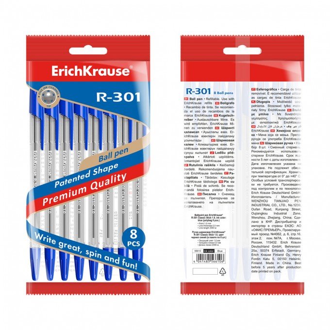 Set di 8 penne a sfera ErichKrause R-301 Stick Classic 1.0, colore inchiostro: blu (in sacchetto)