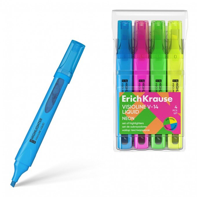 Set di 4 evidenziatori ErichKrause Liquid Visioline V-14 Neon, colori inchiostro: giallo, verde, rosa, blu (astuccio)