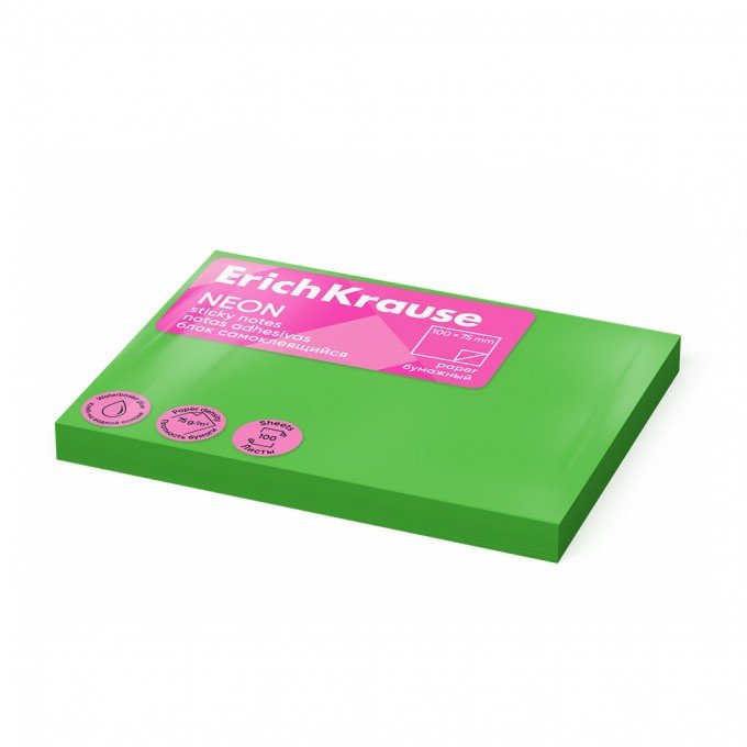 Post it - Sticky notes ErichKrause 100х75 mm, 100 fogli, Verde Fluo