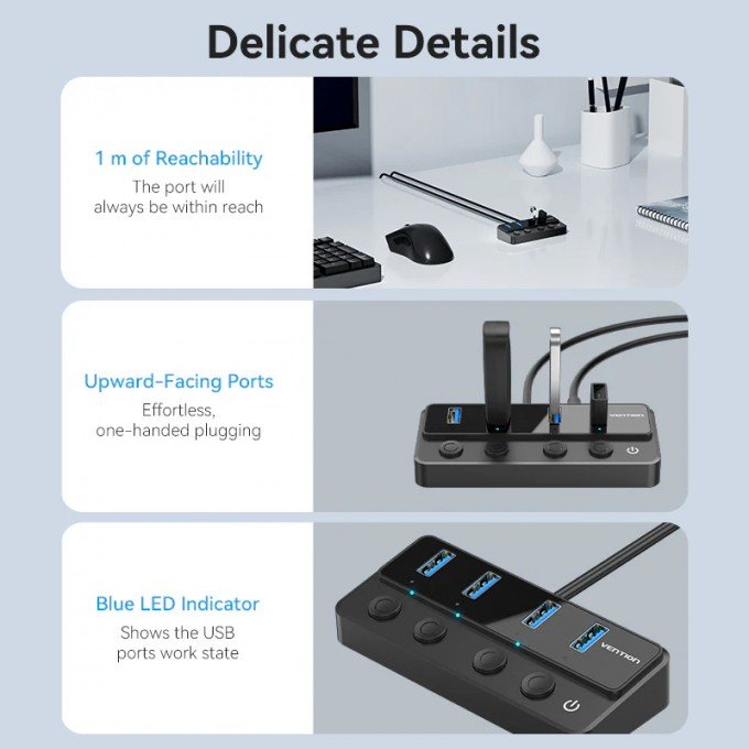 Hub USB 3.0 a 4 porte con interruttori di alimentazione individuali Vention – 1m, Nero