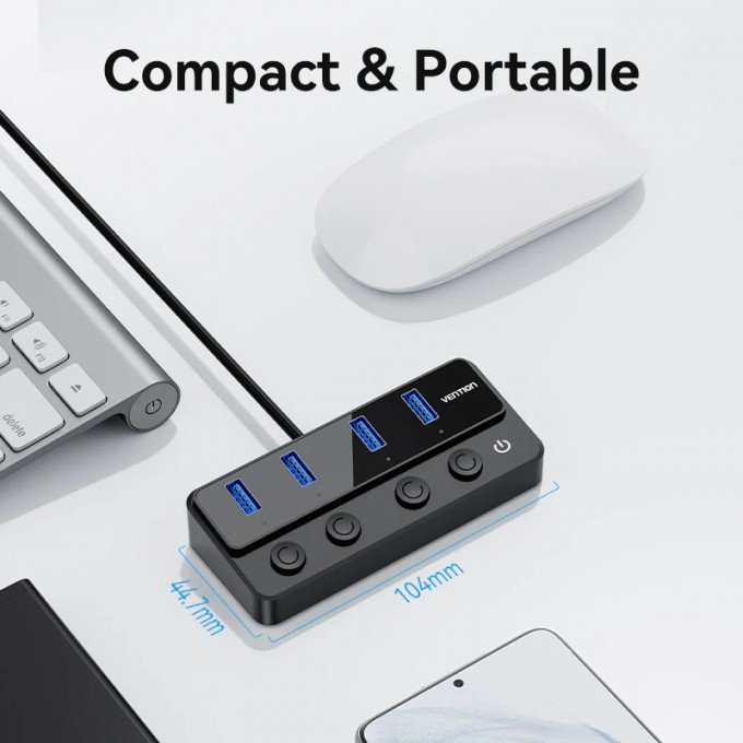 Hub USB 3.0 a 4 porte con interruttori di alimentazione individuali Vention – 1m, Nero