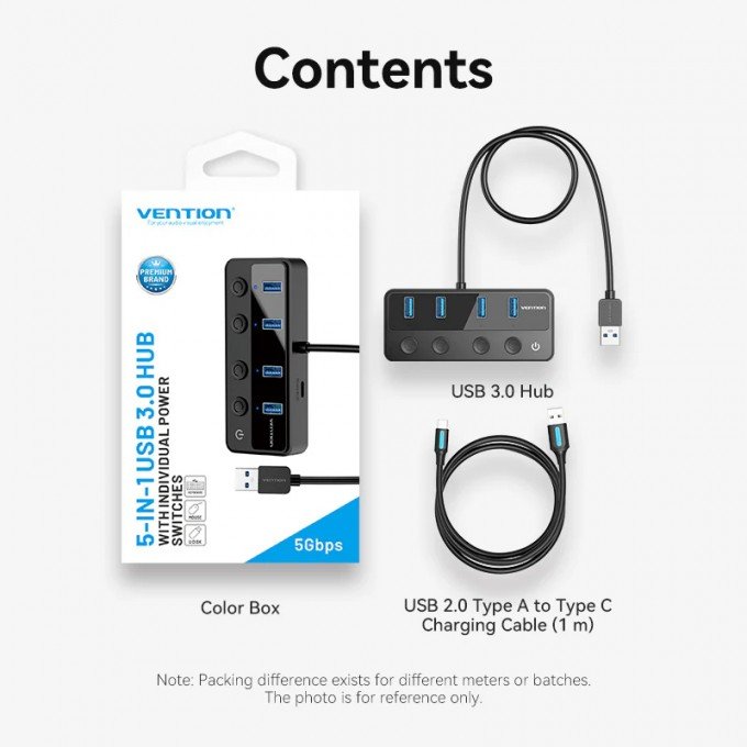 Hub USB 3.0 a 4 porte con interruttori di alimentazione individuali Vention – 1m, Nero