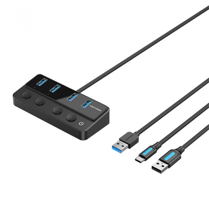 Hub USB 3.0 a 4 porte con interruttori di alimentazione individuali Vention – 1m, Nero