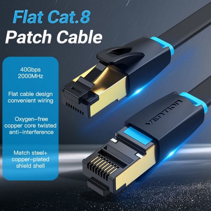 Cavo Ethernet Vention Flat Cat 8 da 1.5 Metri SFTP – 40Gbps, 2000MHz, RJ45 schermato, design piatto nero
