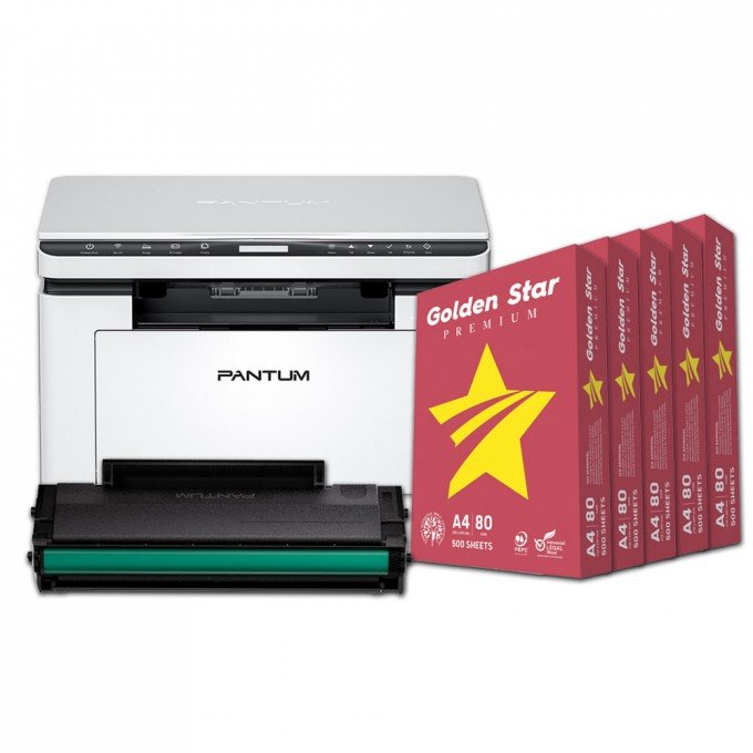 Stampante Pantum MFC Laser BM2300W A4 3 IN 1 + 5 Risme di Carta Golden Star da 80 Gr + Toner Originale da 1600 copie