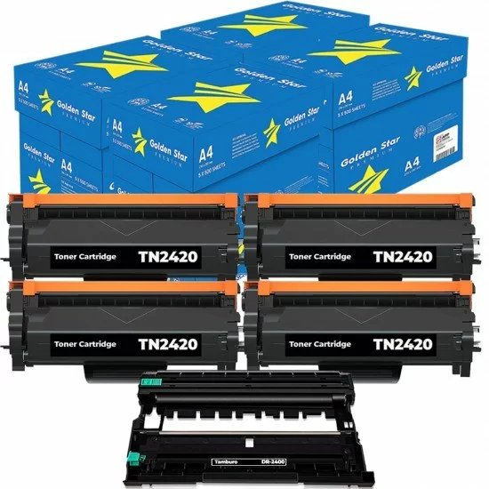 Compra 20 Risme di carta A4 + 4 Toner Brother TN-2420 con chip compatibile  + 1 Tamburo DR2400 - Alphaink