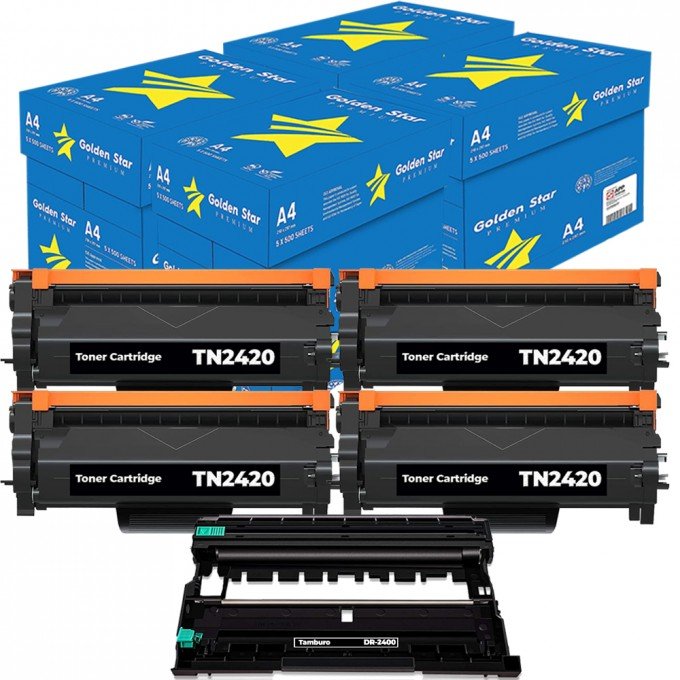 20 Risme di carta A4 + 4 Toner Brother TN-2420 + 1 Tamburo DR2400