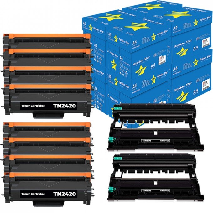 40 Risme di carta A4 + 8 Toner Brother TN-2420 + 2 Tamburo DR2400