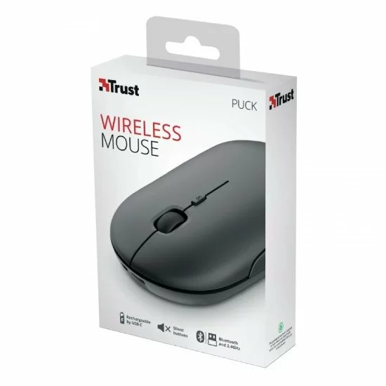 Mouse Wireless Ricaricabile Trust Puck 1600 dpi - 3 Pulsanti Silenziosi -  Ultra Sottile - Uso Ambidestro - Colore Nero