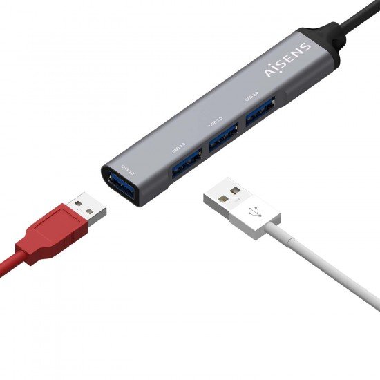 Hub USB 3.0 in alluminio Aisens - Tipo A maschio a 4xTipo A femmina - 10 cm - Colore grigio