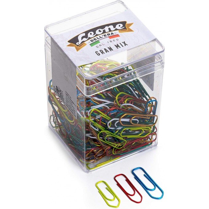 125 gr. (ca. 265 pz.) Fermagli Colorati Metallizzati Leone Dell'Era "Gran Mix" dimensioni miste N. 2-3-4 - Barattolo trasparente - Made in Italy