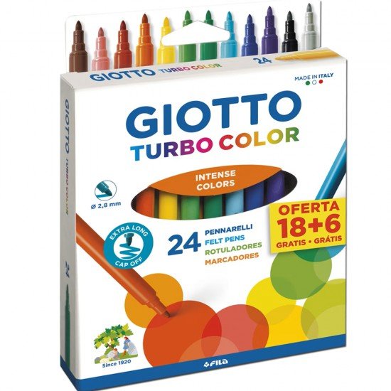 Giotto Turbo Color Confezione da 24 Pennarelli - Punta Fine 2,8 mm - Inchiostro ad Acqua - Lavabili - Colori Assortiti