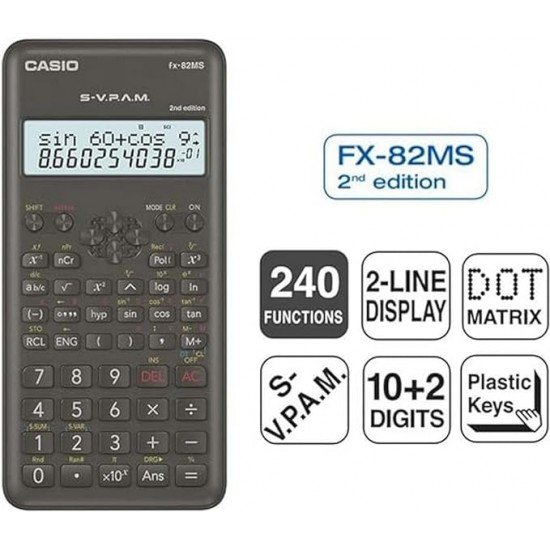 Calcolatrice Scientifica Casio FX-82MS 2a Ed. - Schermo LCD a 2 Righe - 240 Funzioni Integrate - 8 Memorie Variabili - Calcolo Percentuale - Alimentazione: 1 Batteria AA