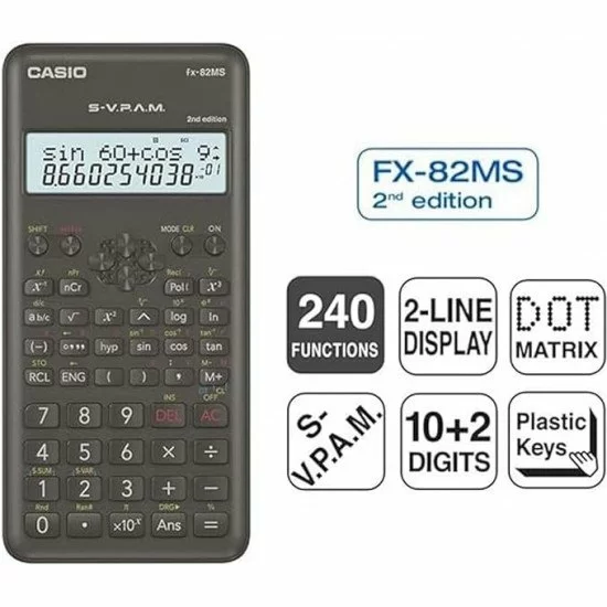 Calcolatrice-Scientifica-Casio -FX-82MS-2a-Ed.---Schermo-LCD-a-2-Righe---240-Funzioni-Integrate---8-Memorie-Variabili---Calcolo-Percentuale---Alimentazione:-1-Batteria-AA