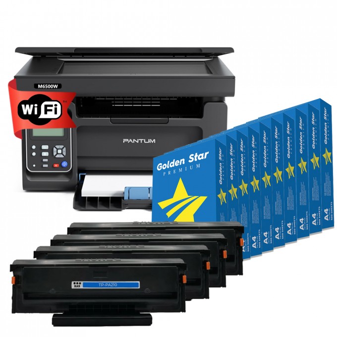 Stampante Pantum M6500W con WiFi, Scanner + 4 Toner Compatibile PA210A da 1600 Copie cadauno + 10 Risme di Carta A4 da 75gr